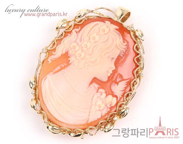 Fine Jewelry 천연 쉘 핑크 카메오 팬던트 겸 브로치
