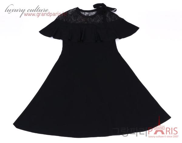 발렌티노 블랙 비스코스 레이스 시스루 프릴 숄더 원피스 S