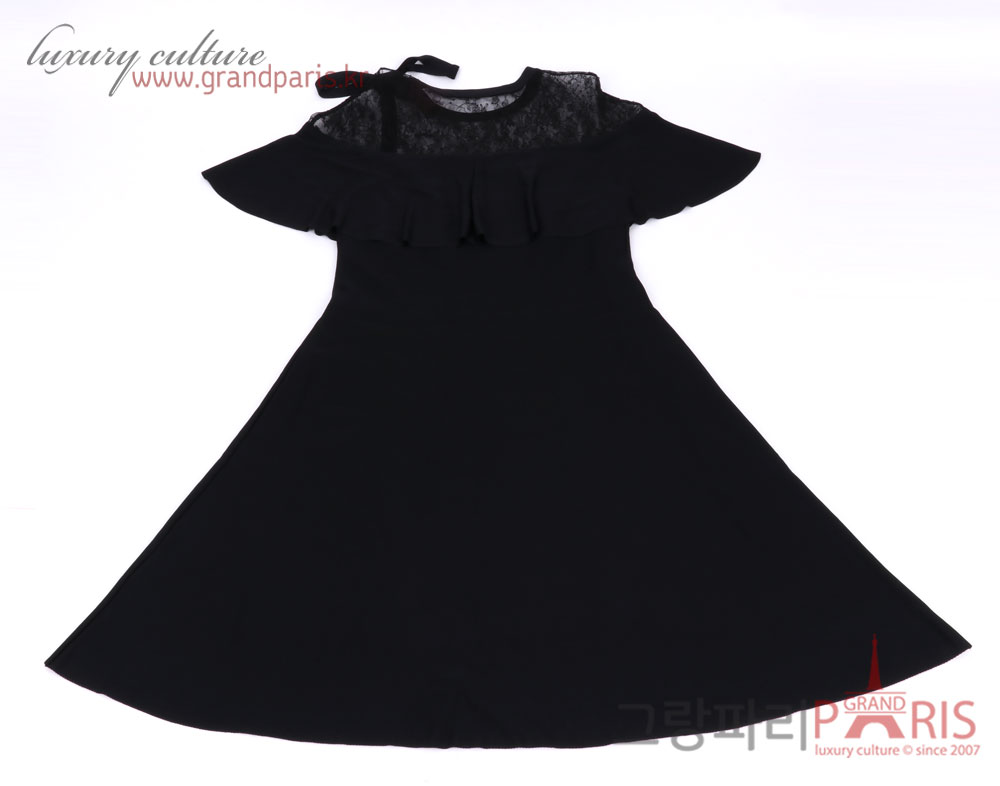 발렌티노 블랙 비스코스 레이스 시스루 프릴 숄더 원피스 S