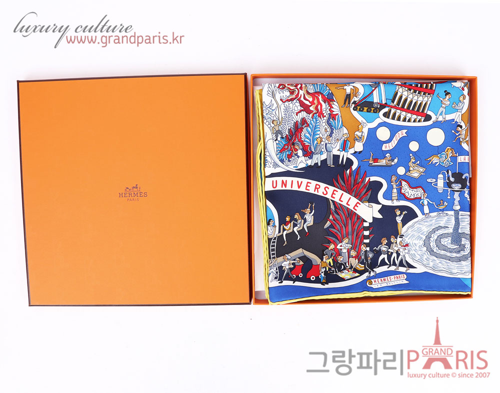 에르메스 블루 루즈 잔느 Exposition Universelle 만국박람회 실크 까레 스카프	