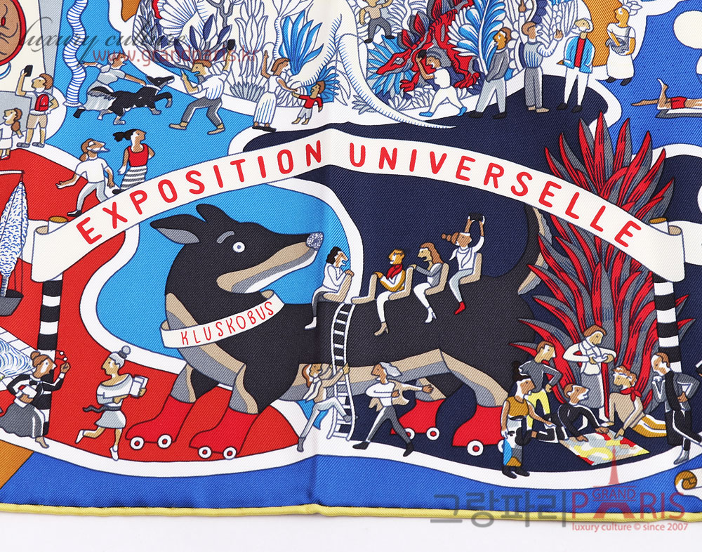 에르메스 블루 루즈 잔느 Exposition Universelle 만국박람회 실크 까레 스카프	