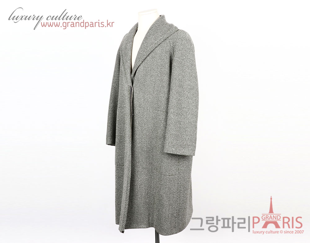에르메스 카키 그린 울 사선 짜임 셀리에 버튼 롱 코트 38	