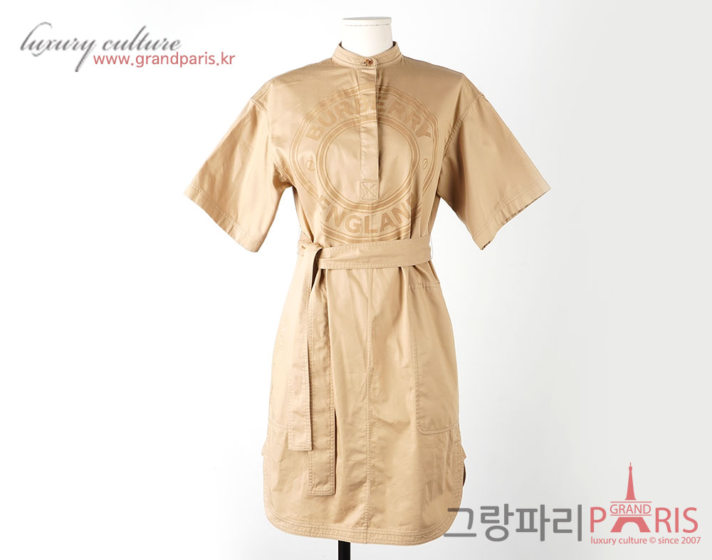 버버리 베이지 코튼 로고 벨트 원피스 38