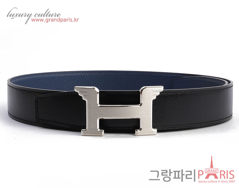 에르메스 페가수스 벨트 리버시블 레더 스트랩 32mm 블랙 블루 매트 은장 85