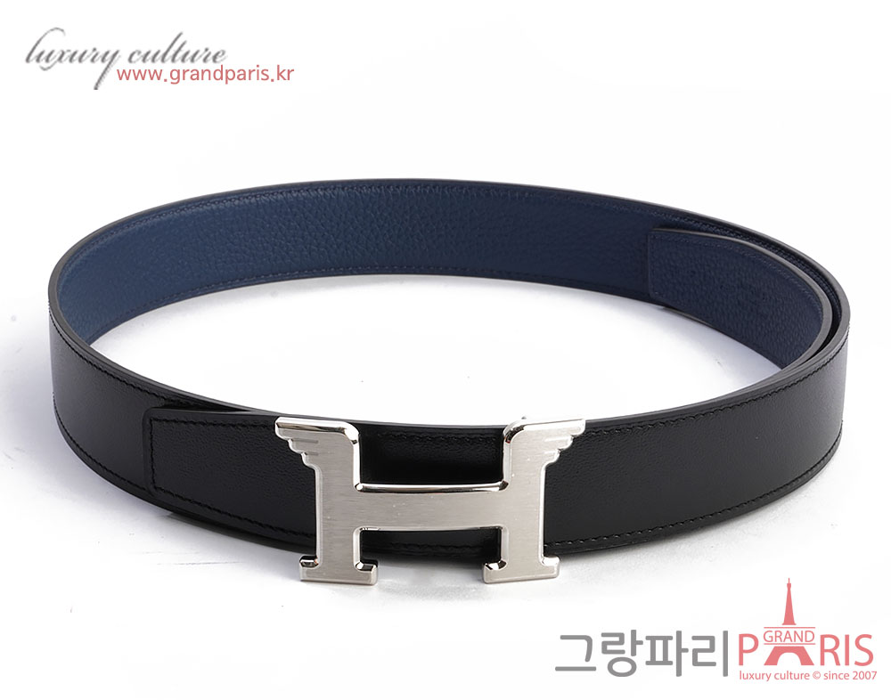 에르메스 페가수스 벨트 리버시블 레더 스트랩 32mm 블랙 블루 매트 은장 85