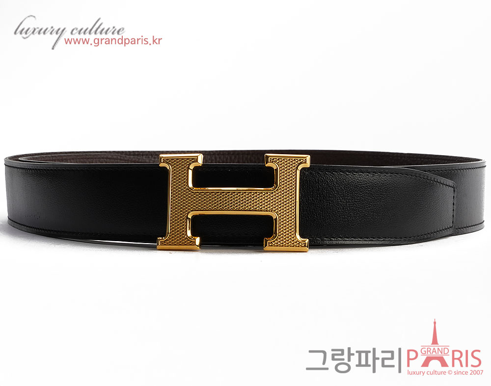 에르메스 H버클 블랙 초코브라운 금장 남성 벨트 95 X 