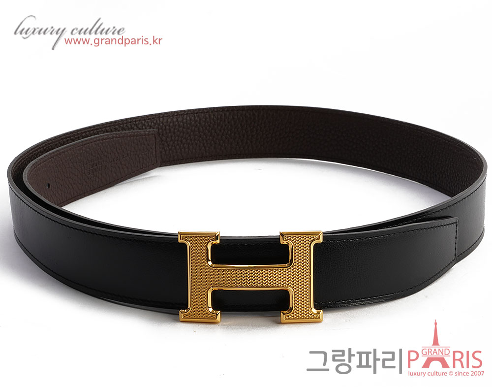 에르메스 H버클 블랙 초코브라운 금장 남성 벨트 95 X 