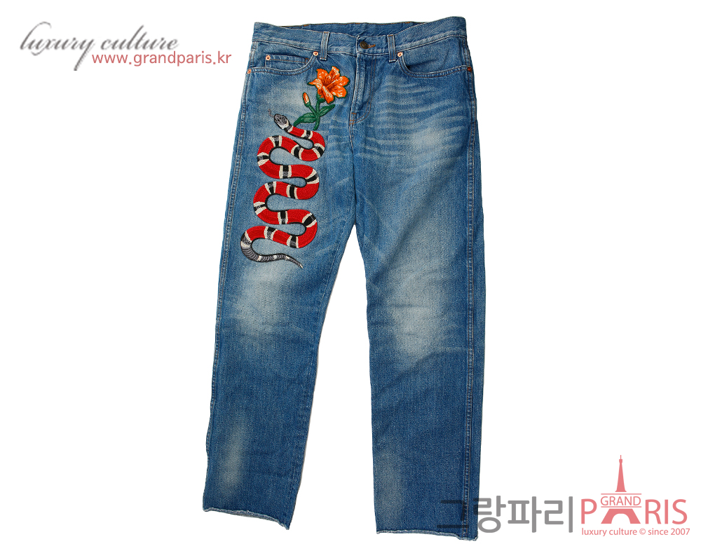 구찌 스네이크 패치 스톤 워싱 데님 팬츠 28