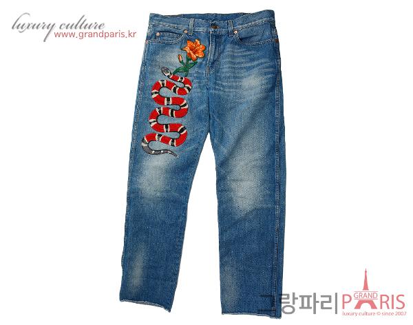 구찌 스네이크 패치 스톤 워싱 데님 팬츠 28
