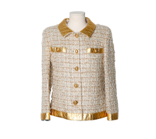샤넬 레더 카라 스카라베 버튼 트위드 재킷 베이지 골드 에크루 40