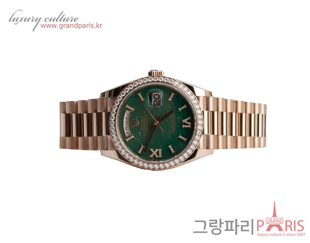 로렉스 데이데이트 36mm 로즈골드 다이아 베젤 그린 어벤추린 다이얼 128345RBR