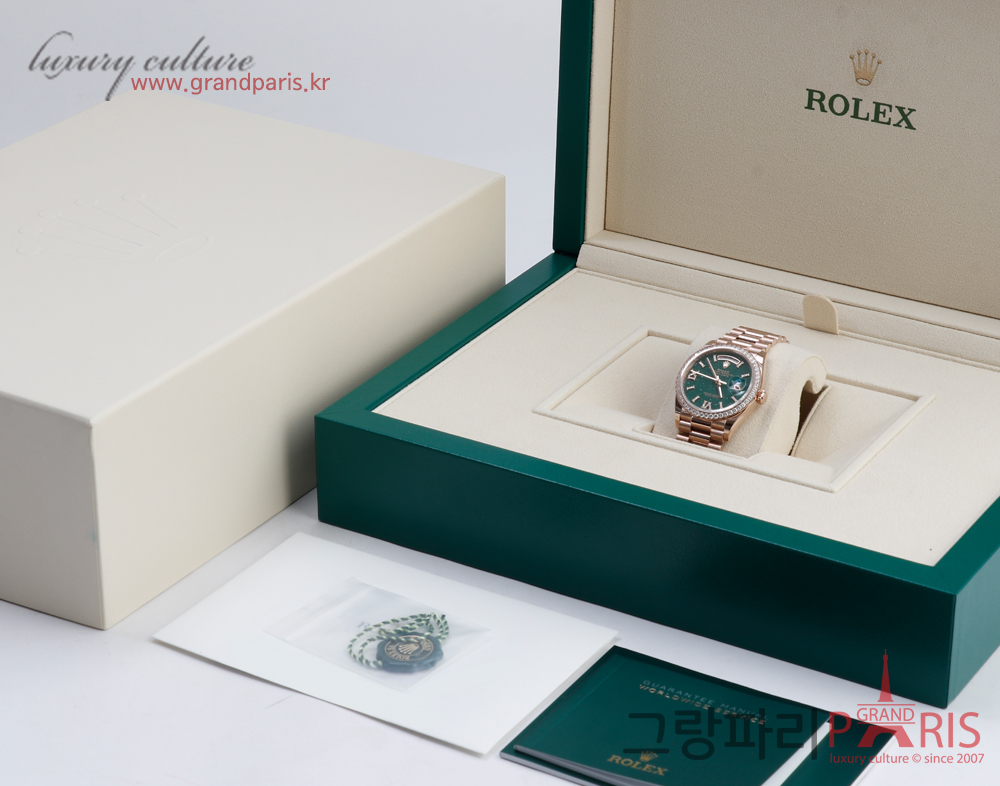 로렉스 데이데이트 36mm 로즈골드 다이아 베젤 그린 어벤추린 다이얼 128345RBR
