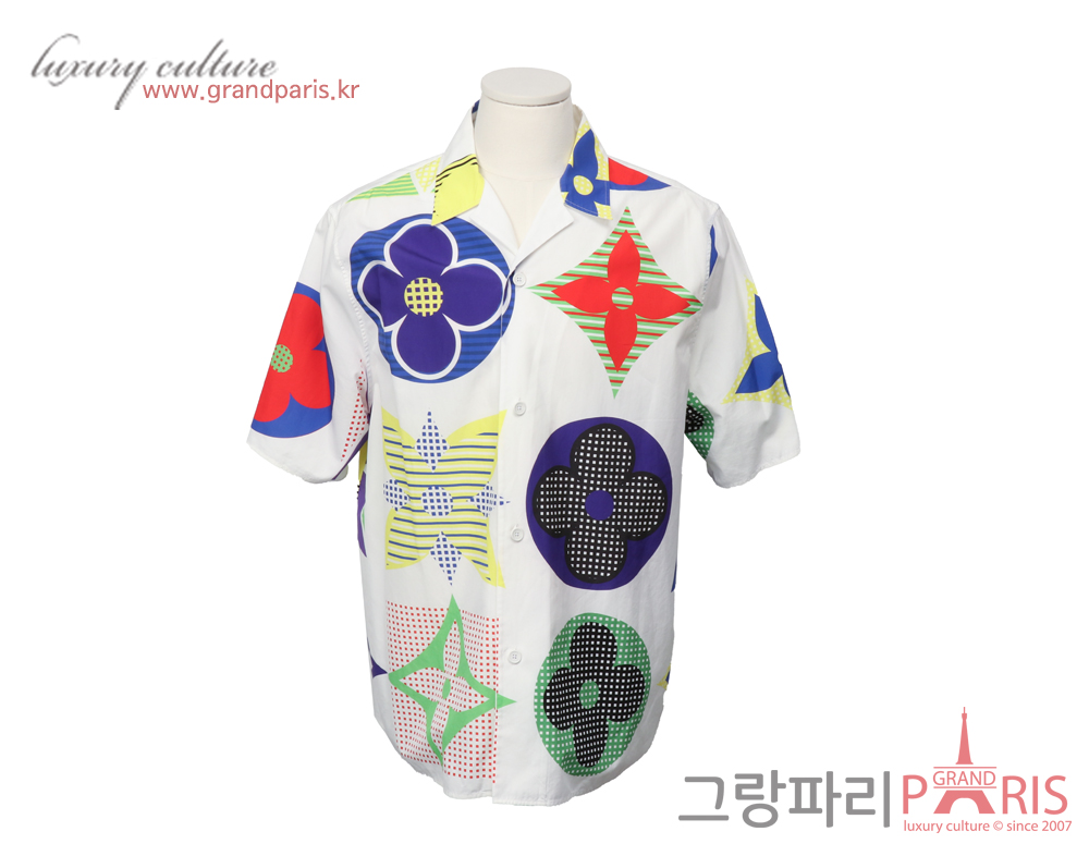 루이비통 모노그램 숏 슬리브 셔츠 화이트 멀티 XL