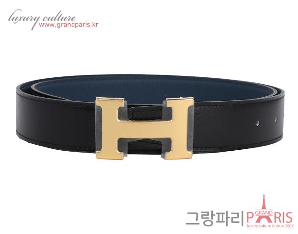 에르메스 H 벨트 리버시블 레더 스트랩 32mm 블랙 블루 드 프뤼스 금장 95