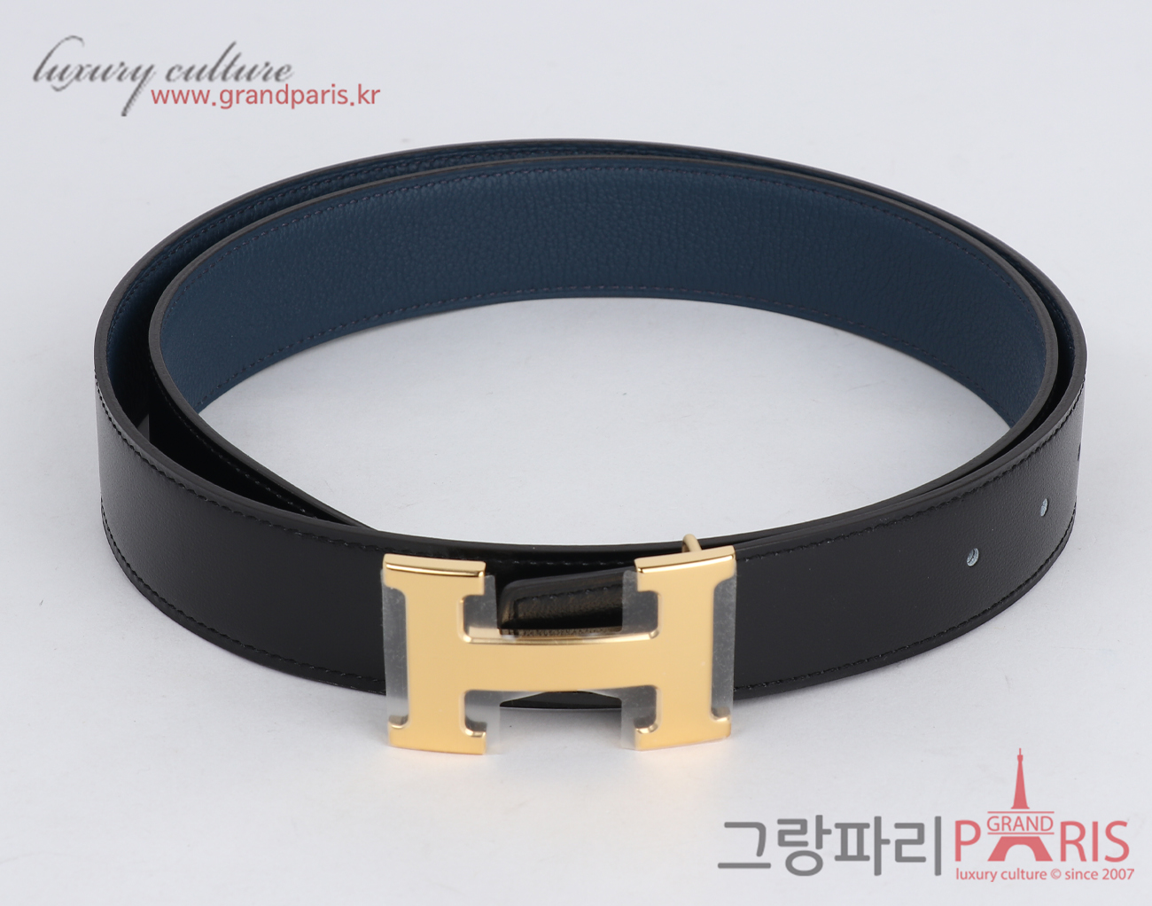 에르메스 H 벨트 리버시블 레더 스트랩 32mm 블랙 블루 드 프뤼스 금장 95