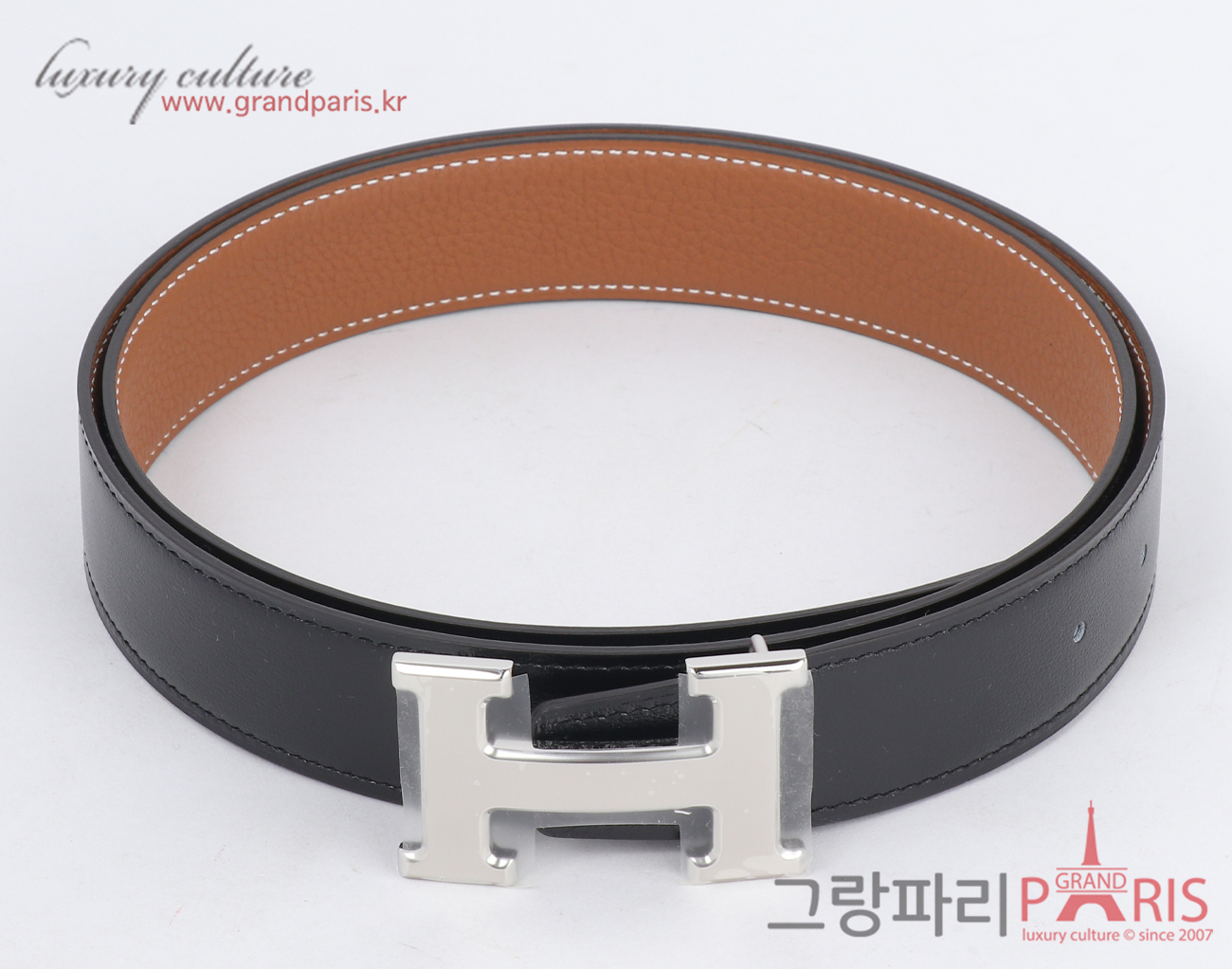 에르메스 H 벨트 리버시블 레더 스트랩 32mm 블랙 골드 은장 95