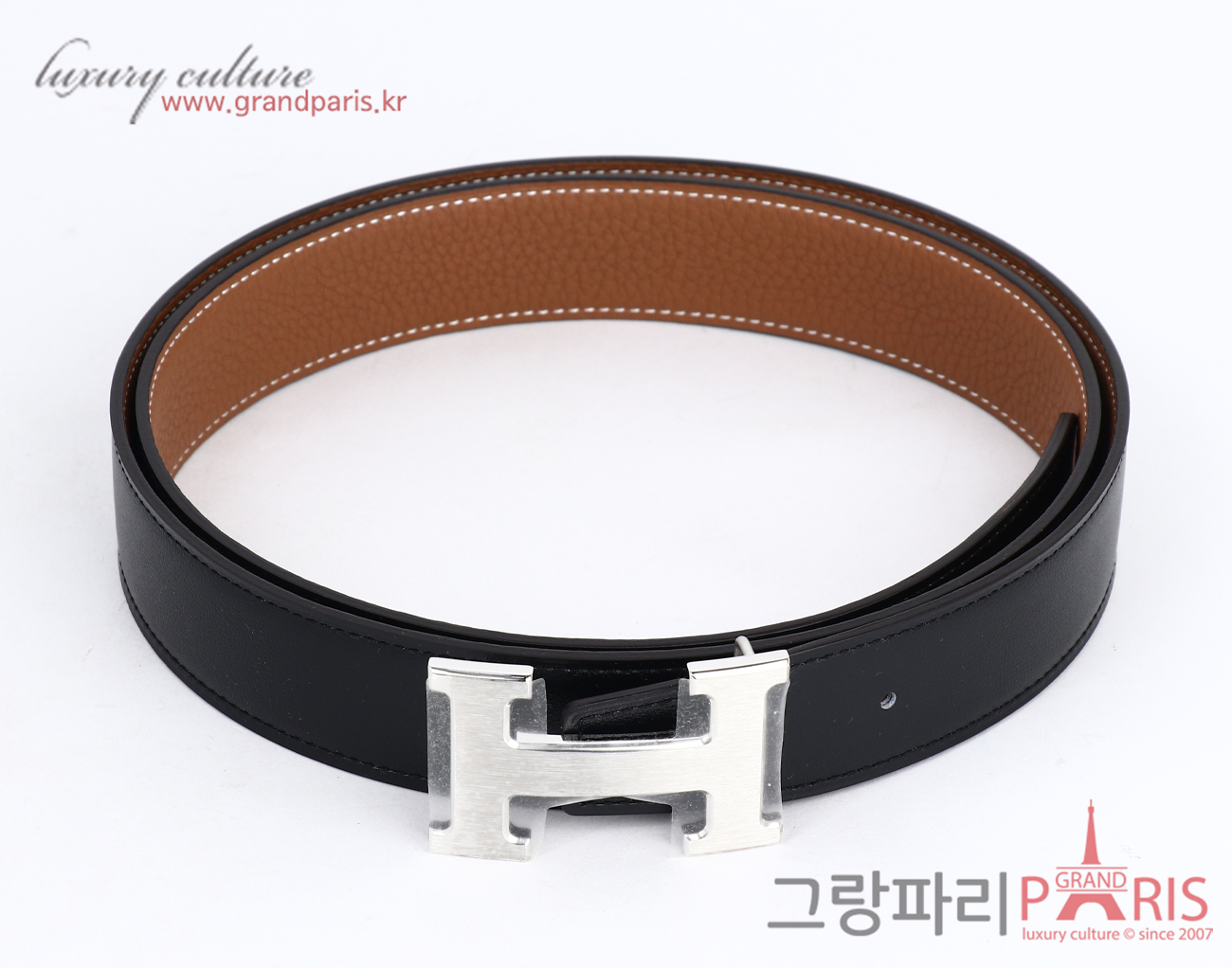 에르메스 H 벨트 리버시블 레더 스트랩 32mm 블랙 골드 매트 은장 100