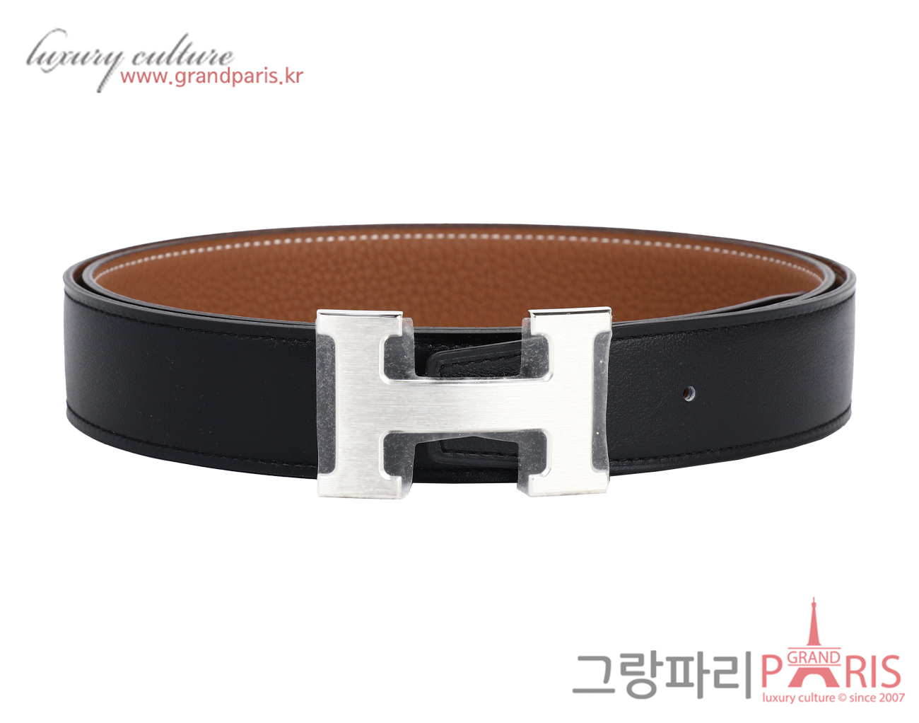 에르메스 H 벨트 리버시블 레더 스트랩 32mm 블랙 골드 매트 은장 105