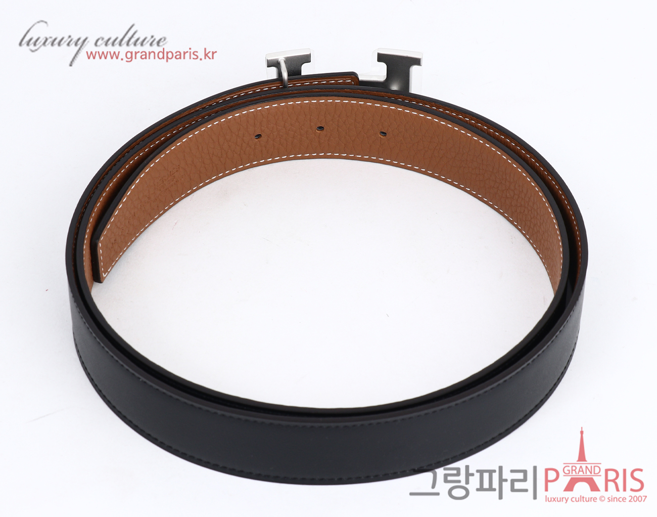 에르메스 H 벨트 리버시블 레더 스트랩 32mm 블랙 골드 매트 은장 105