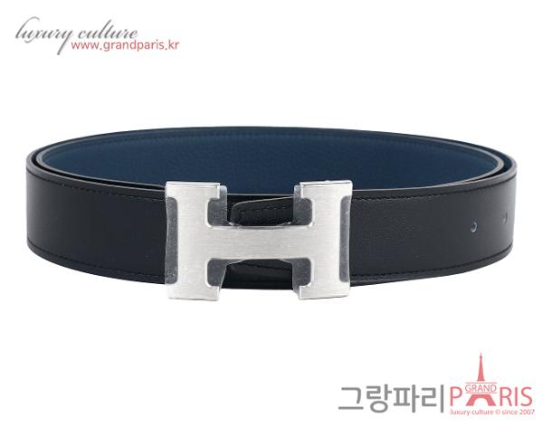 에르메스 H 벨트 리버시블 레더 스트랩 32mm 블랙 블루 드 프뤼스 매트 은장 95