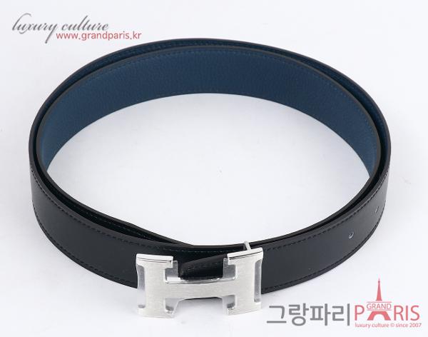 에르메스 H 벨트 리버시블 레더 스트랩 32mm 블랙 블루 드 프뤼스 매트 은장 95