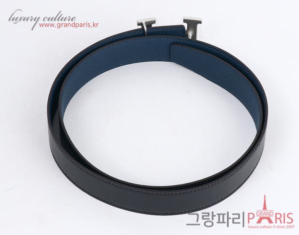 에르메스 H 벨트 리버시블 레더 스트랩 32mm 블랙 블루 드 프뤼스 매트 은장 95