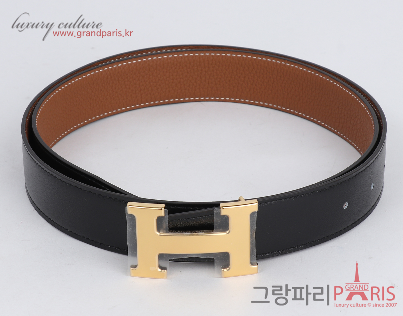 에르메스 H 벨트 리버시블 레더 스트랩 32mm 블랙 골드 금장 100