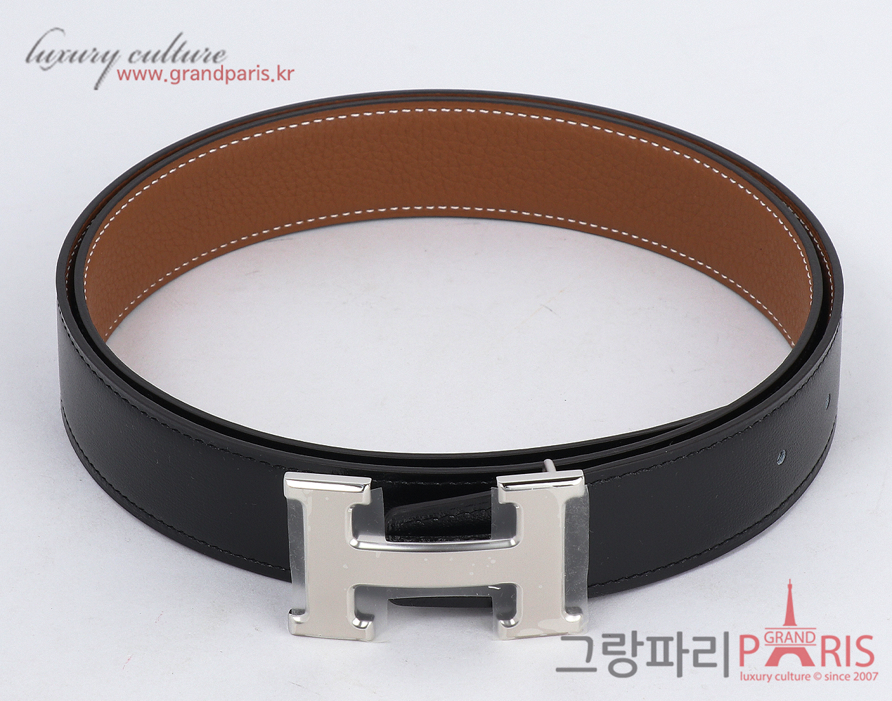 에르메스 H 벨트 리버시블 레더 스트랩 32mm 블랙 골드 은장 95