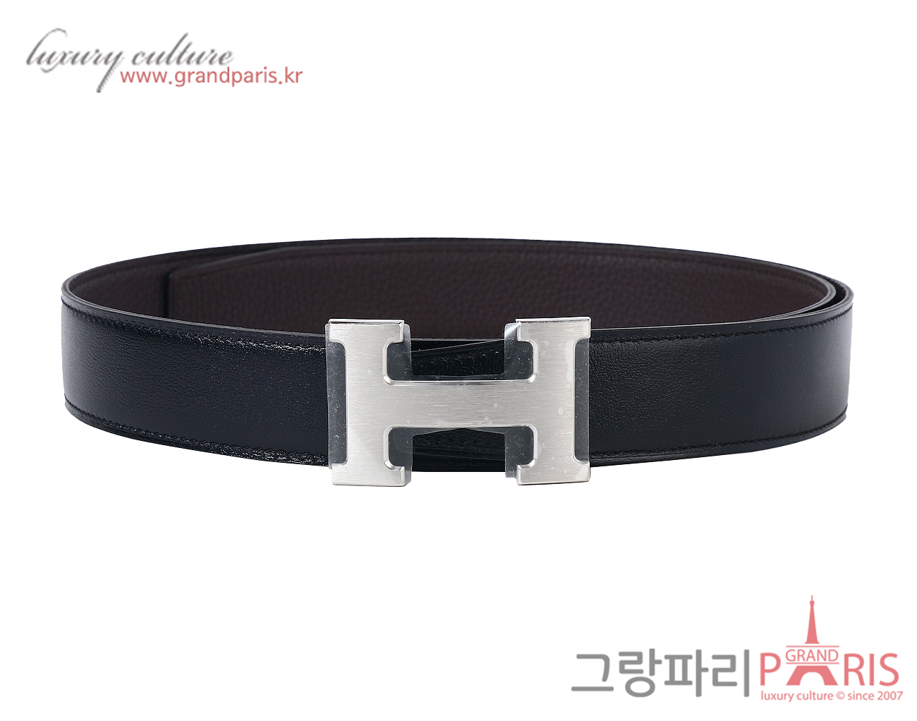 에르메스 H 벨트 리버시블 레더 스트랩 32mm 블랙 초콜렛 매트 은장 90