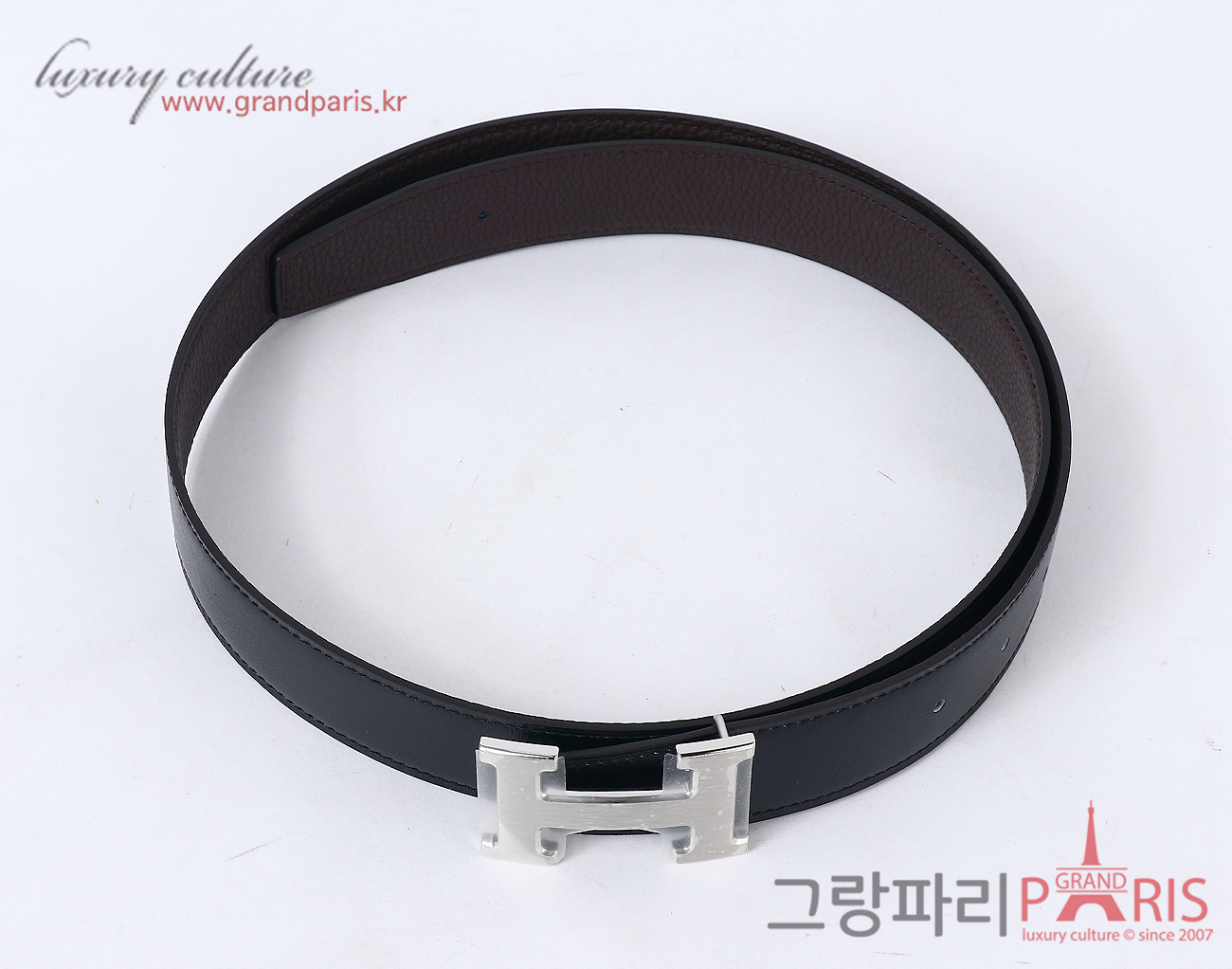 에르메스 H 벨트 리버시블 레더 스트랩 32mm 블랙 초콜렛 매트 은장 90