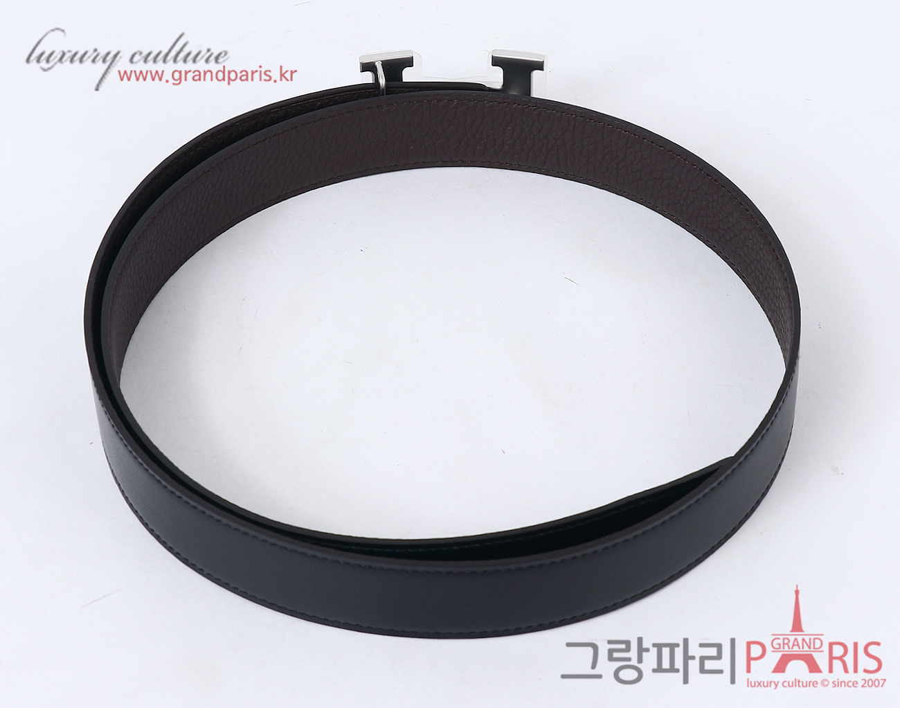 에르메스 H 벨트 리버시블 레더 스트랩 32mm 블랙 초콜렛 매트 은장 90