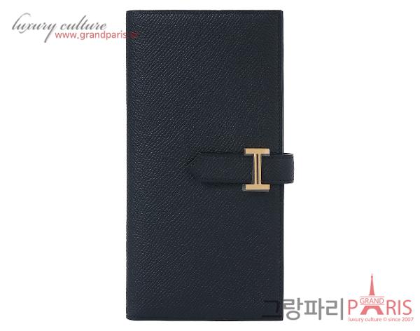 에르메스 베안 장지갑 블랙 블루 네이비 금장 W