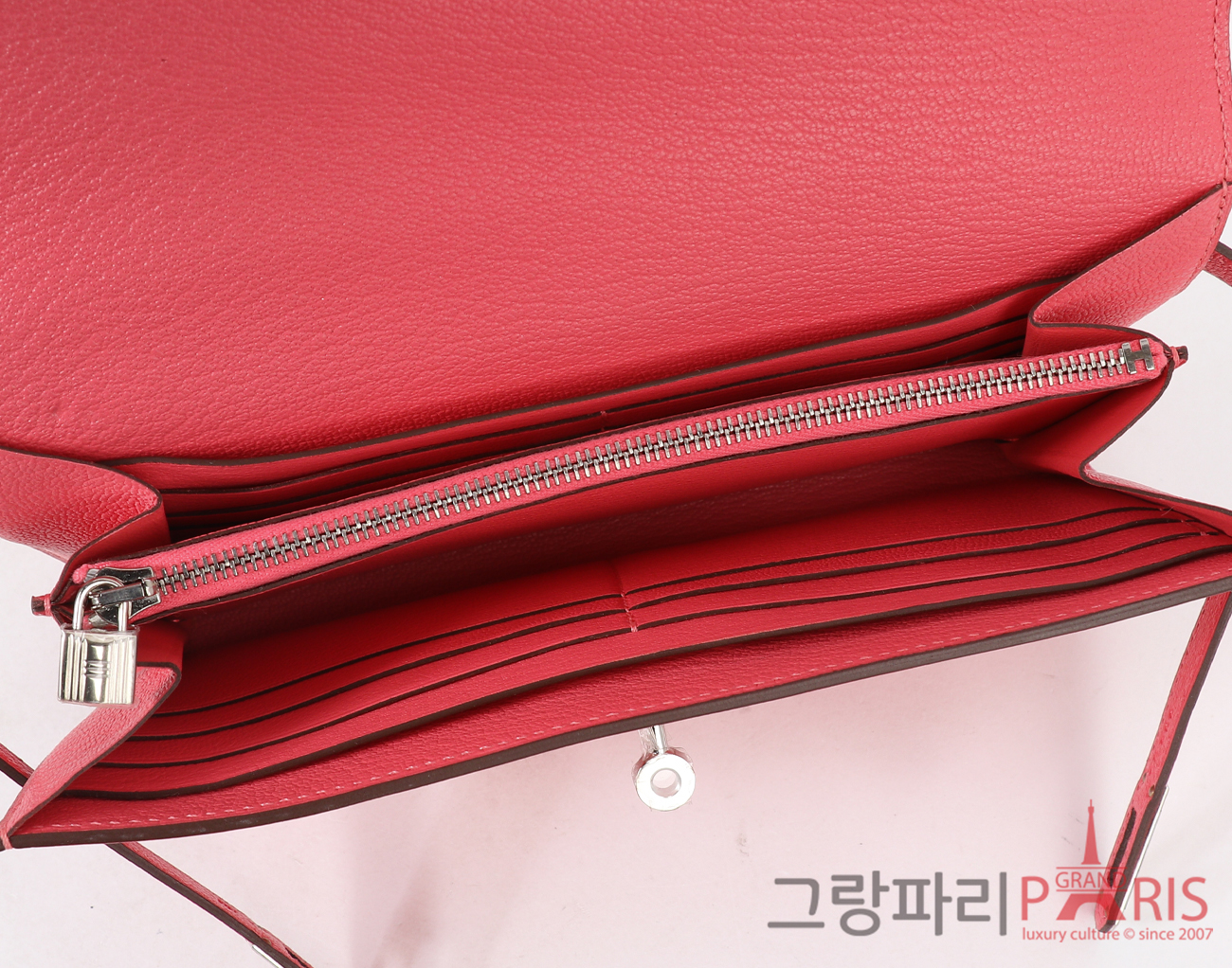 에르메스 켈리 장지갑 로즈 립스틱 은장 X