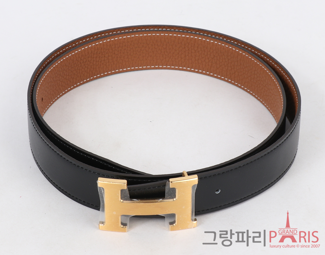 에르메스 H 벨트 리버시블 레더 스트랩 32mm 블랙 골드 매트 금장 90