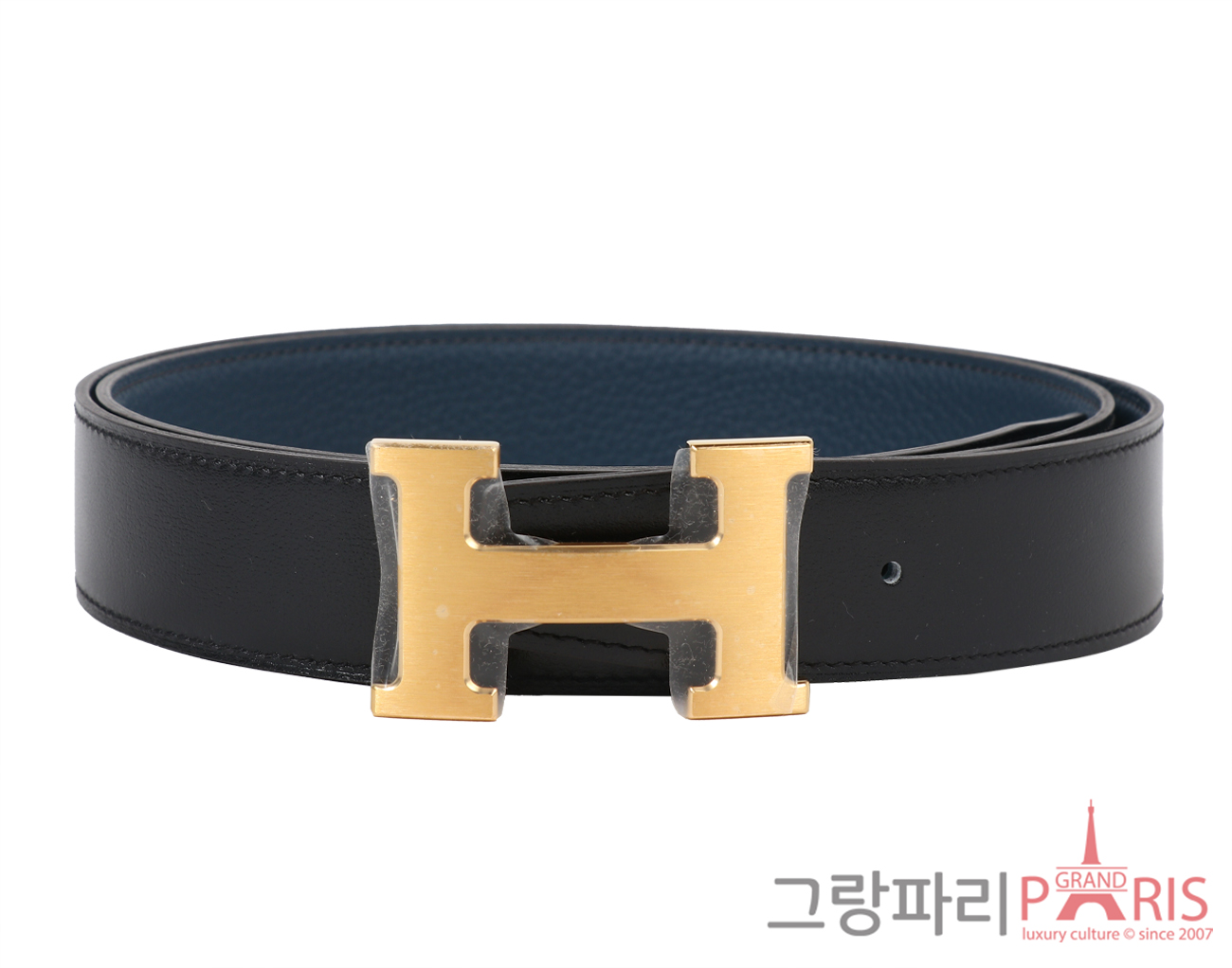 에르메스 H 벨트 리버시블 레더 스트랩 32mm 블랙 블루 드 프뤼스 매트 금장 100