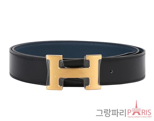 에르메스 H 벨트 리버시블 레더 스트랩 32mm 블랙 블루 드 프뤼스 매트 금장 100