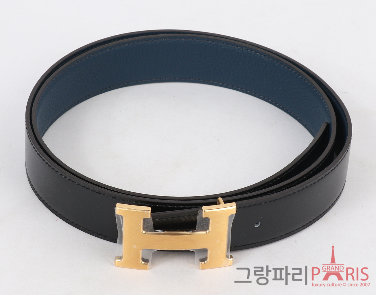 에르메스 H 벨트 리버시블 레더 스트랩 32mm 블랙 블루 드 프뤼스 매트 금장 100