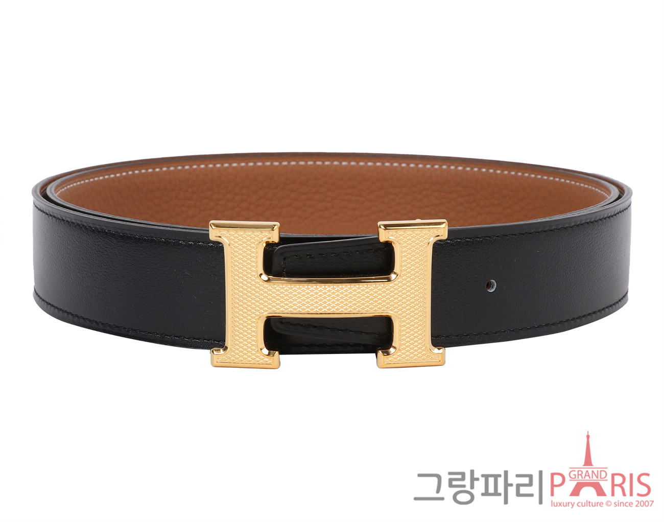 에르메스 H 길로쉬 벨트 리버시블 레더 스트랩 32mm 블랙 골드 금장 95