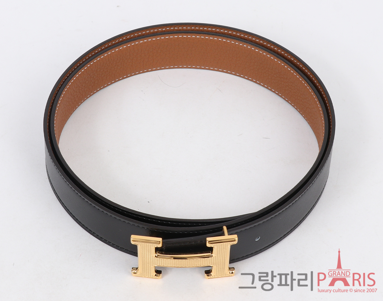 에르메스 H 길로쉬 벨트 리버시블 레더 스트랩 32mm 블랙 골드 금장 95