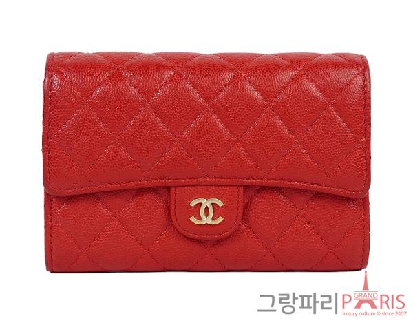 샤넬 클래식 플랩 월렛 레드 금장 캐비어