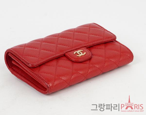 샤넬 클래식 플랩 월렛 레드 금장 캐비어