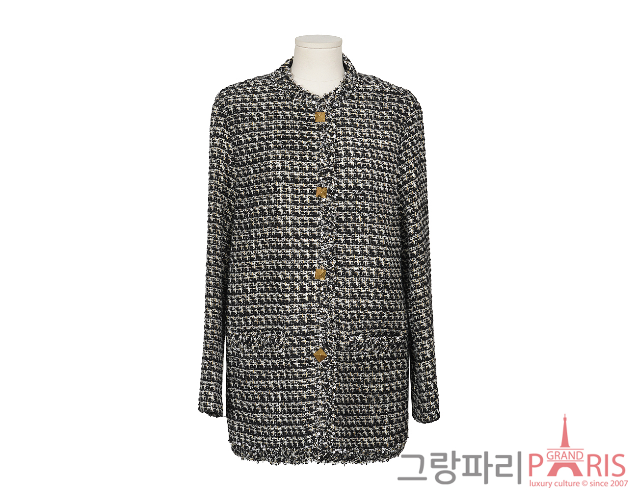 발렌티노 시퀀 엠벨리쉬드 트위드 재킷 블랙 화이트 골드 46