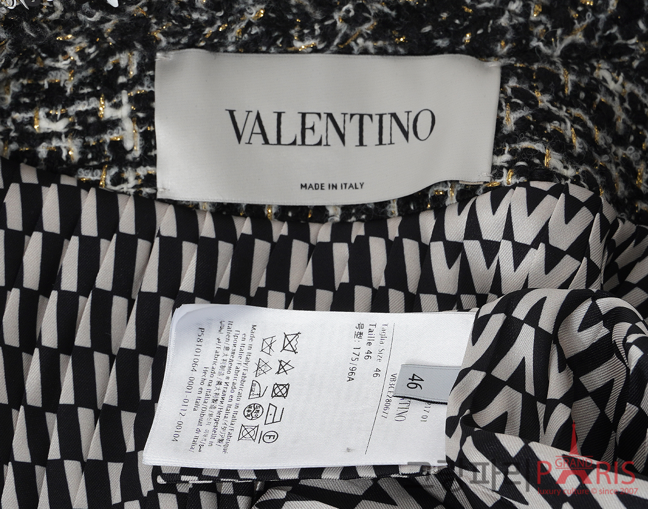 발렌티노 시퀀 엠벨리쉬드 트위드 재킷 블랙 화이트 골드 46
