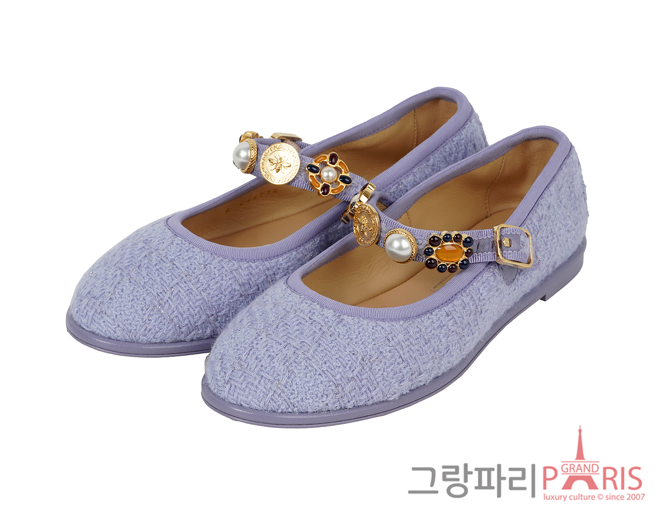 샤넬 24A 공방 트위드 펄 메탈 메리제인 라일락 37C