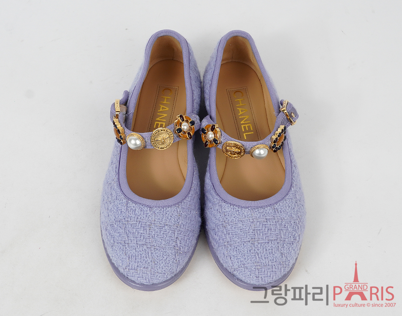 샤넬 24A 공방 트위드 펄 메탈 메리제인 라일락 37C