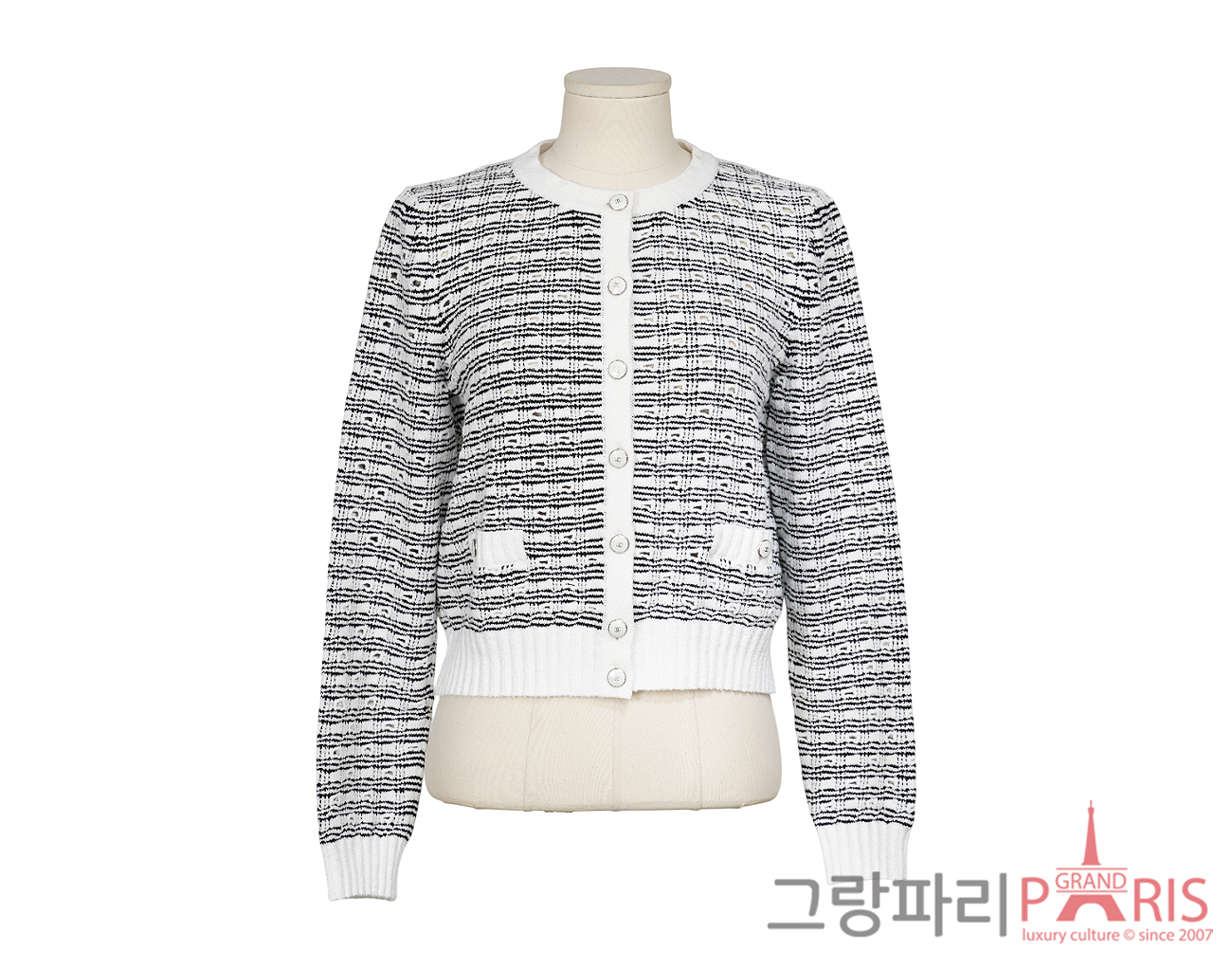 샤넬 25P 코튼 실크 가디건 화이트 블랙 38