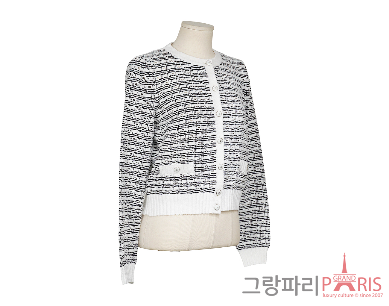 샤넬 25P 코튼 실크 가디건 화이트 블랙 38