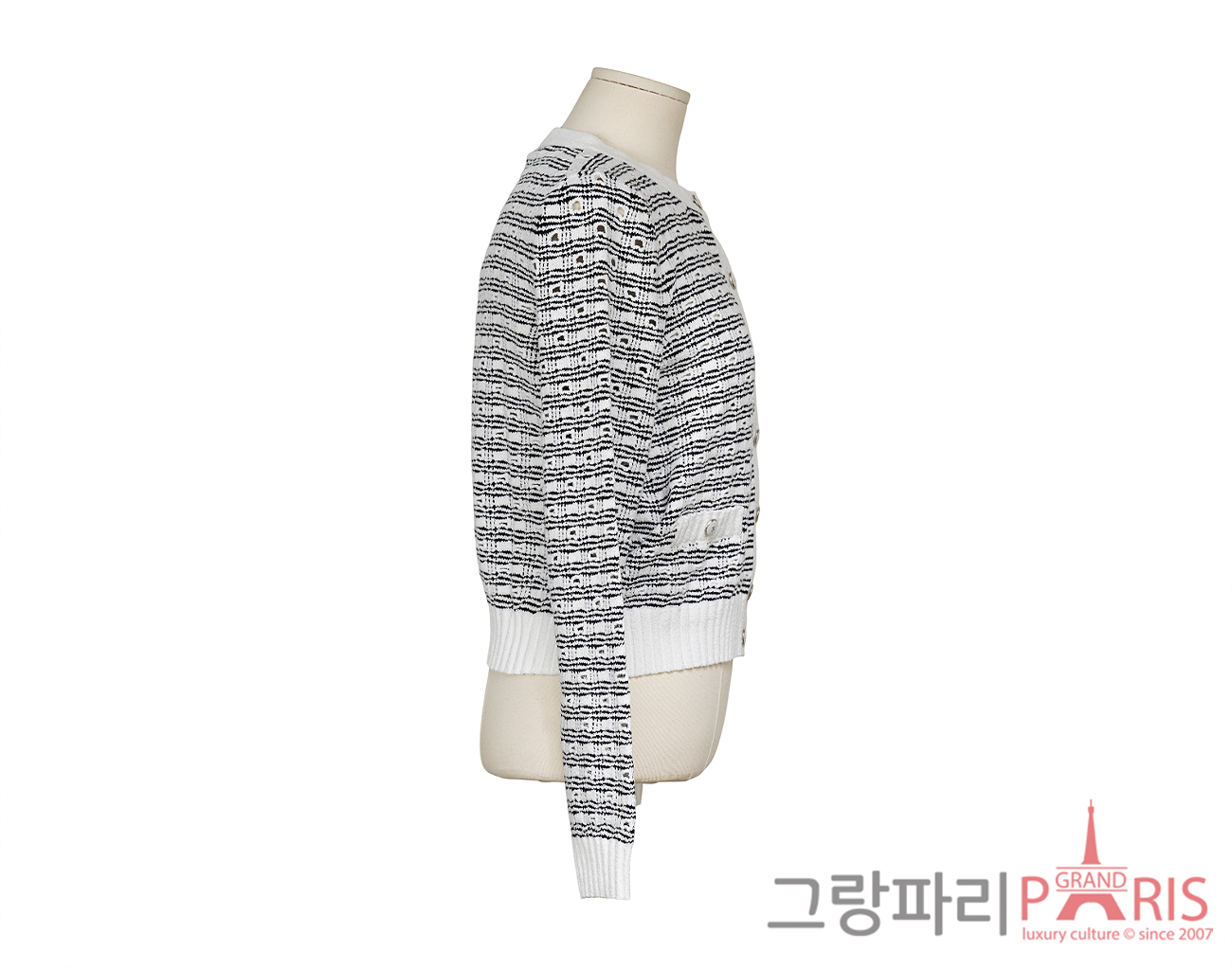 샤넬 25P 코튼 실크 가디건 화이트 블랙 38