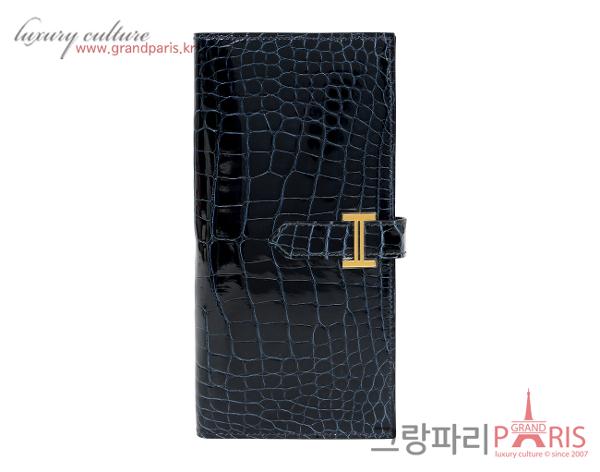 에르메스 베안 장지갑 리쎄 엘리게이터 블루 발티크 금장 K