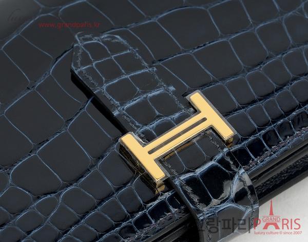 에르메스 베안 장지갑 리쎄 엘리게이터 블루 발티크 금장 K